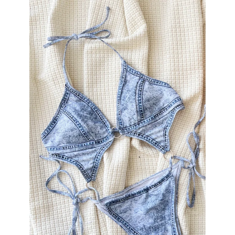 One-Piece Swimsuit Denim Print BikiniD968R