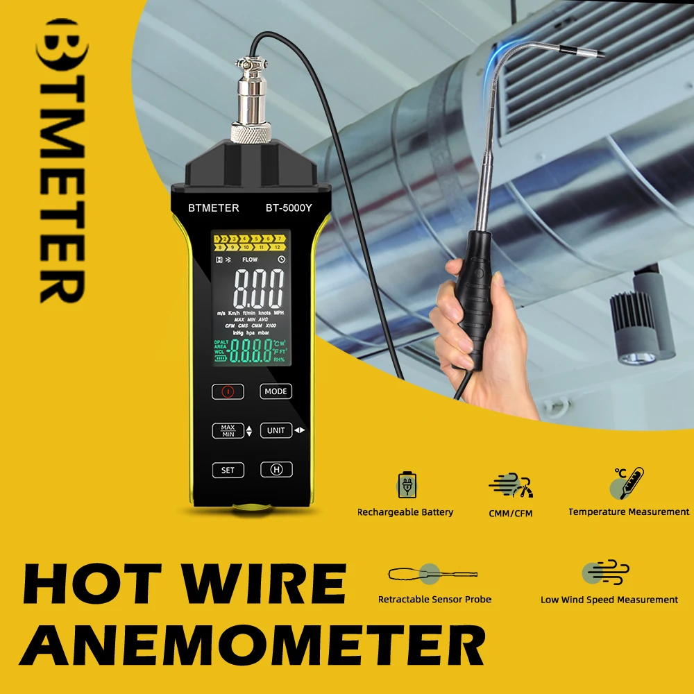 Handheld Hot Wire Anemometer, With Temperature & Airflow Measurement, Retractable Digital Anemometer, Wind Speed (0.1-30m/s)