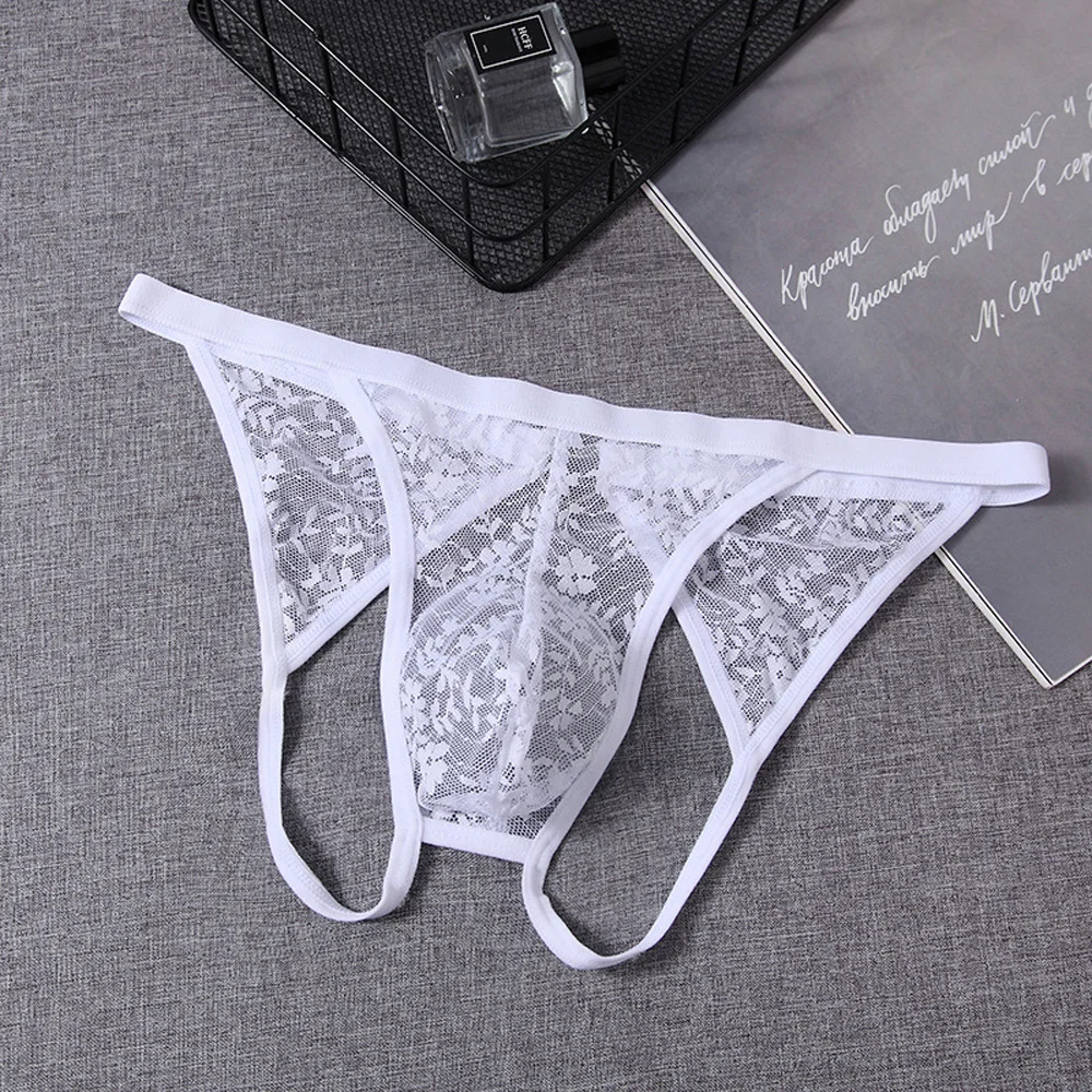 Men's Lace Flower Pattern Sissy G-String Hollow Thong Low Waist Transparent And Breathable Convex Pouch Sexy Open Underwear image 3