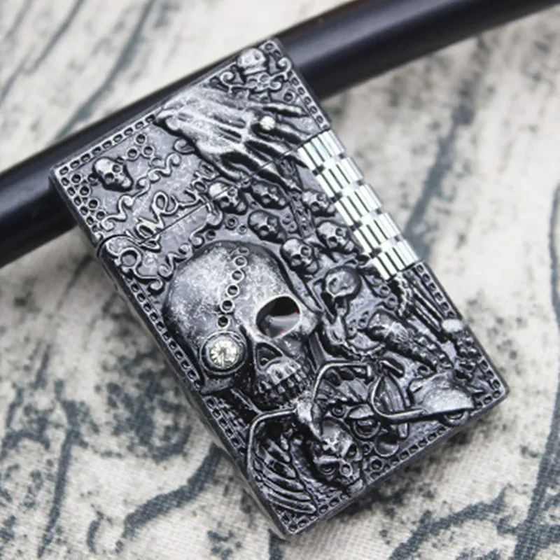 Skull Natural Gas Lighter, Flint Butane Metal, Embossed Crisp, Bright Sound, Cigarette Cigar Gadget