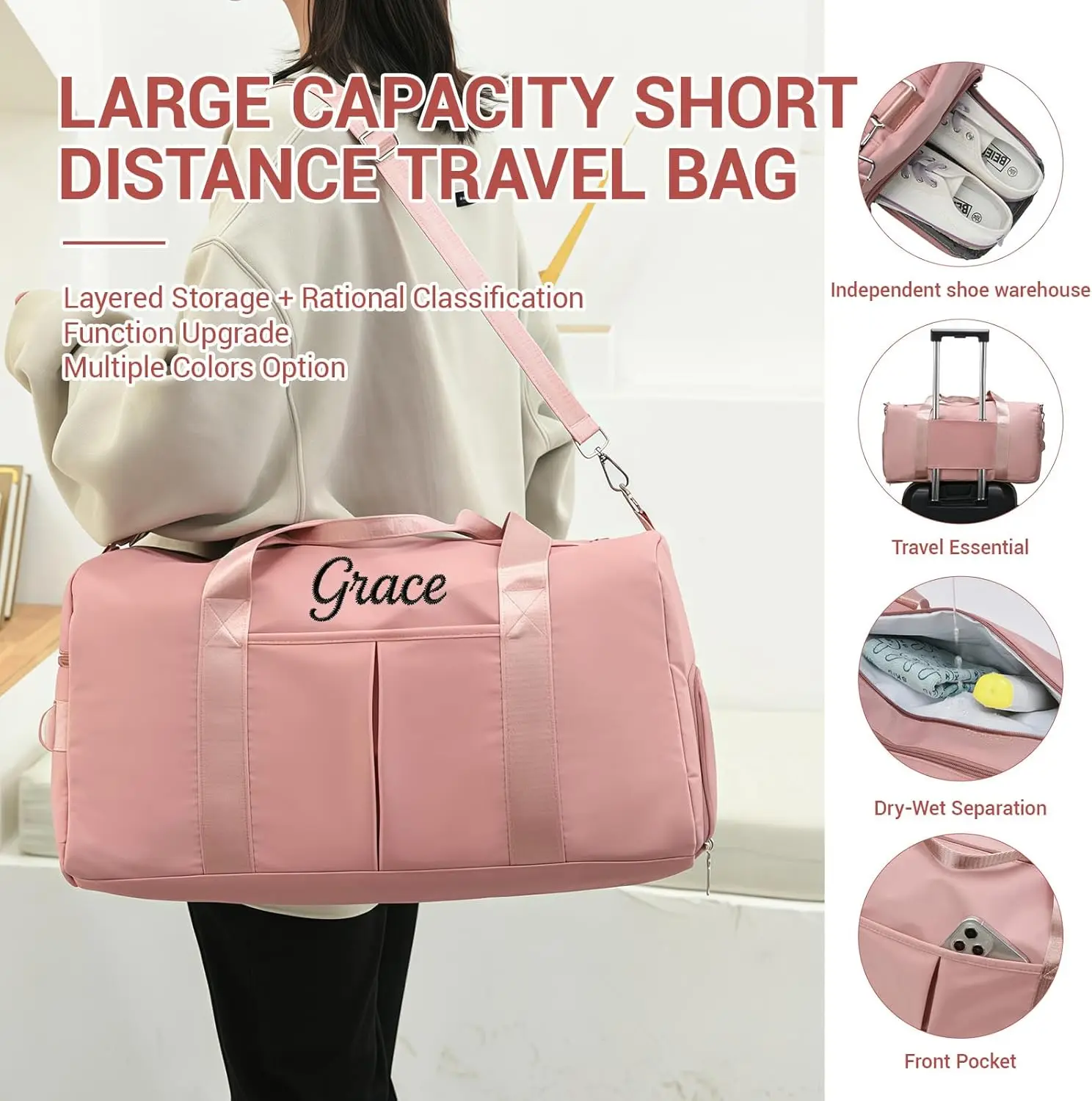 Custom Embroidered Travel Duffle Bags with Shoe Compartment, Large Capacity Oxford Gym Bag for Women or Men, Weekender Bags