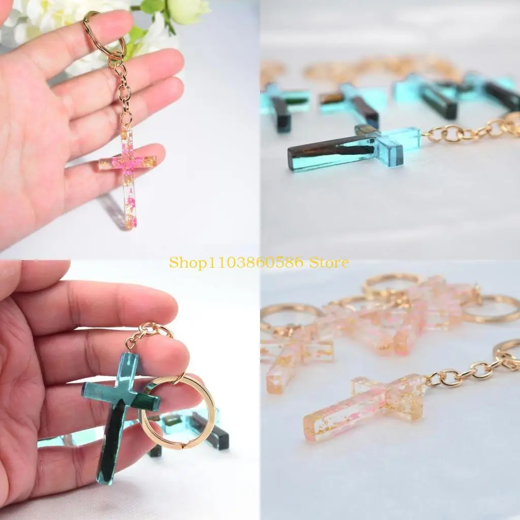 

242A Handmade Resin Cross Keychain with Colorful DriedFlowers Pendant for Women Girls CreativeCar Bag Ornaments Popular Gifts