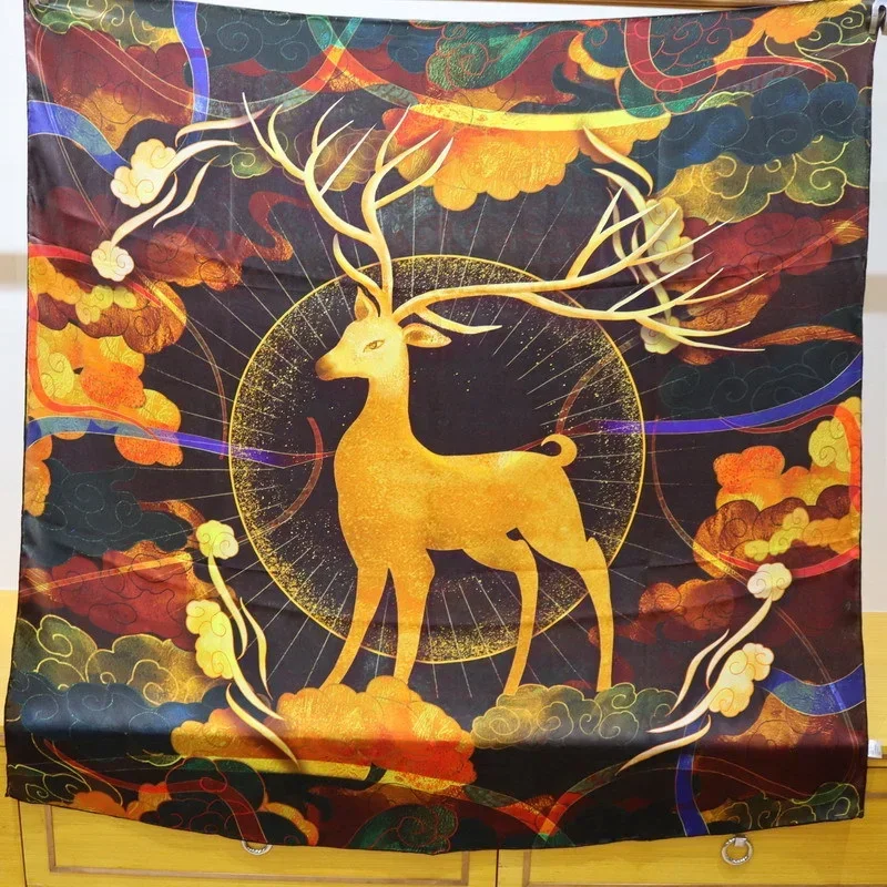 High-end Elegant Women's Exquisite Flying Deer Halo Printed Quality Satin Silk Exquisite Hand-rolled Edge Square Scarf Shawls