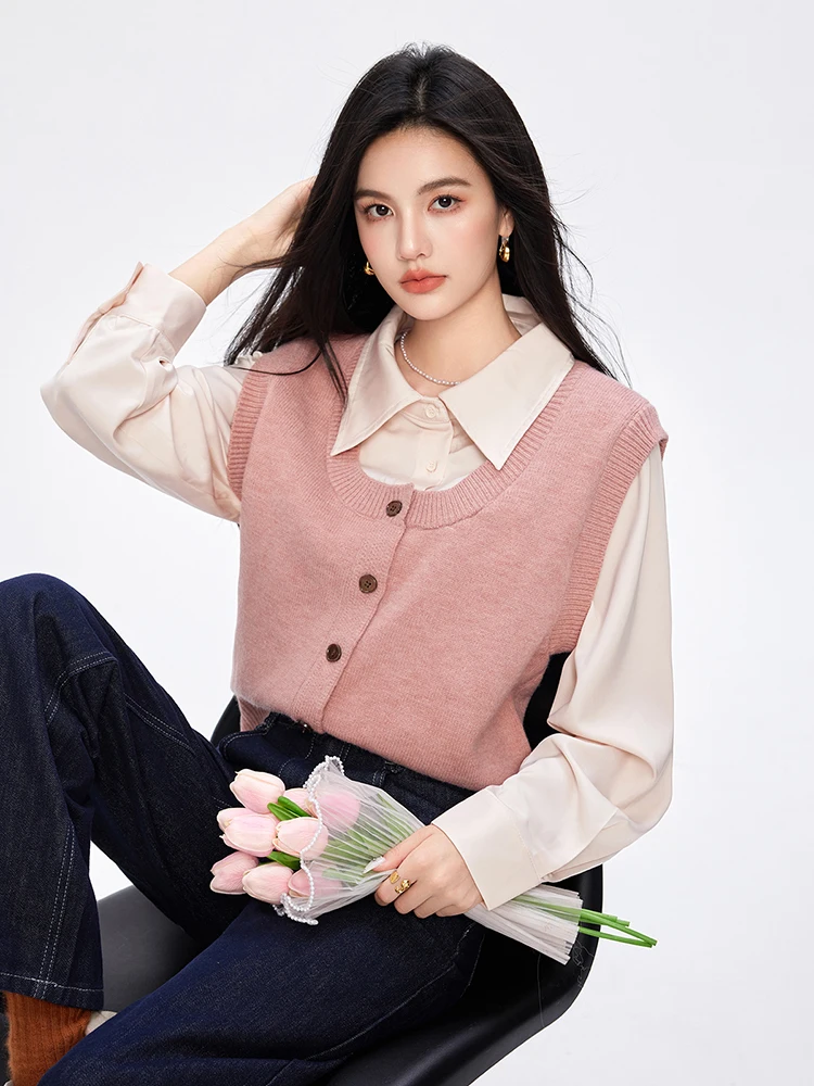 Fake Two-piece Sweater Autumn Winter Korean Loose Pullover Jumpers Knitted Shirt Patchwork Tops Temperament Commuting