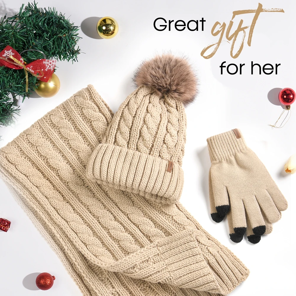 FURTALK 3点セット 冬用帽子 手袋 スカーフセット 女性用 取り外し可能なポンポン付き フリース裏地付き スカルキャップ タッチスクリーン対応手袋とスカーフ