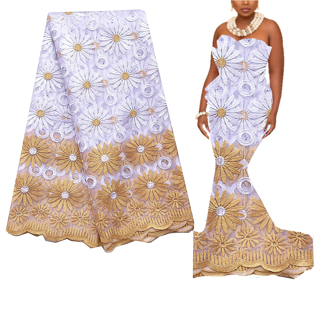 

5 Yards African Lace Fabric 2026 High Quality Lace Tulle French Fabric Embroidered White Gold Nigerian Lace Fabrics for Wedding