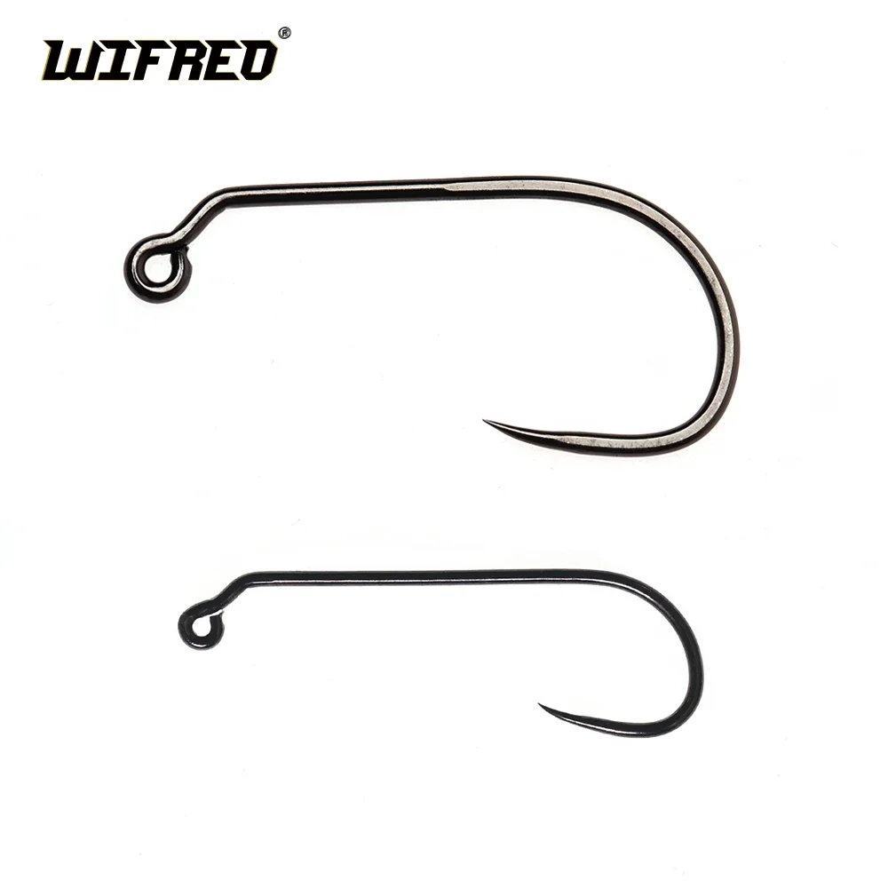 Wifreo 50pcs #1- #14 Carbon Steel Non-barbed 60 Degree Fly Tying Jig Hook Wide Gap/Long Shank Nymph Streamer Fly Fishing  Hooks