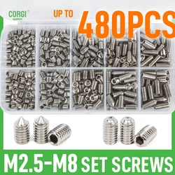 Set Screws Assortment Kit M2.5 M3 M4 M5 M6 M8 Up to 480 304 Stainless Steel Metric Cup Cone Point Hex Socket Head Grub Screws