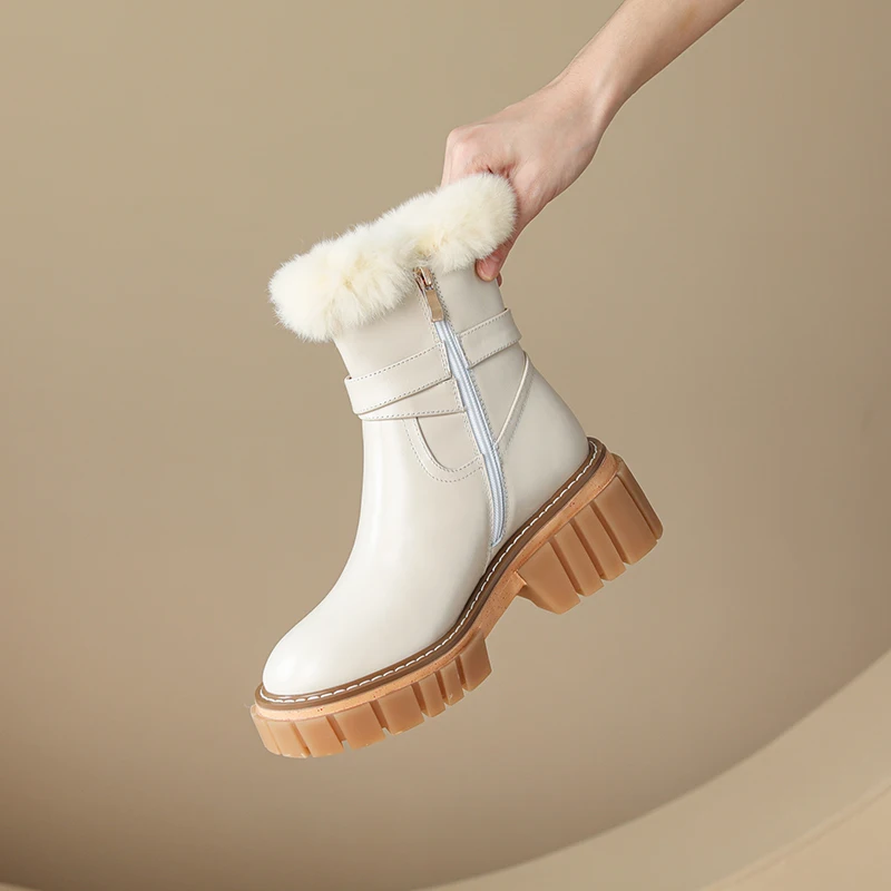 2023 New High Quality Genuine Leather Women Ankle Boots Wool Snow Boots Winter Warm Working Casual Thick Heels Zip Shoes Woman