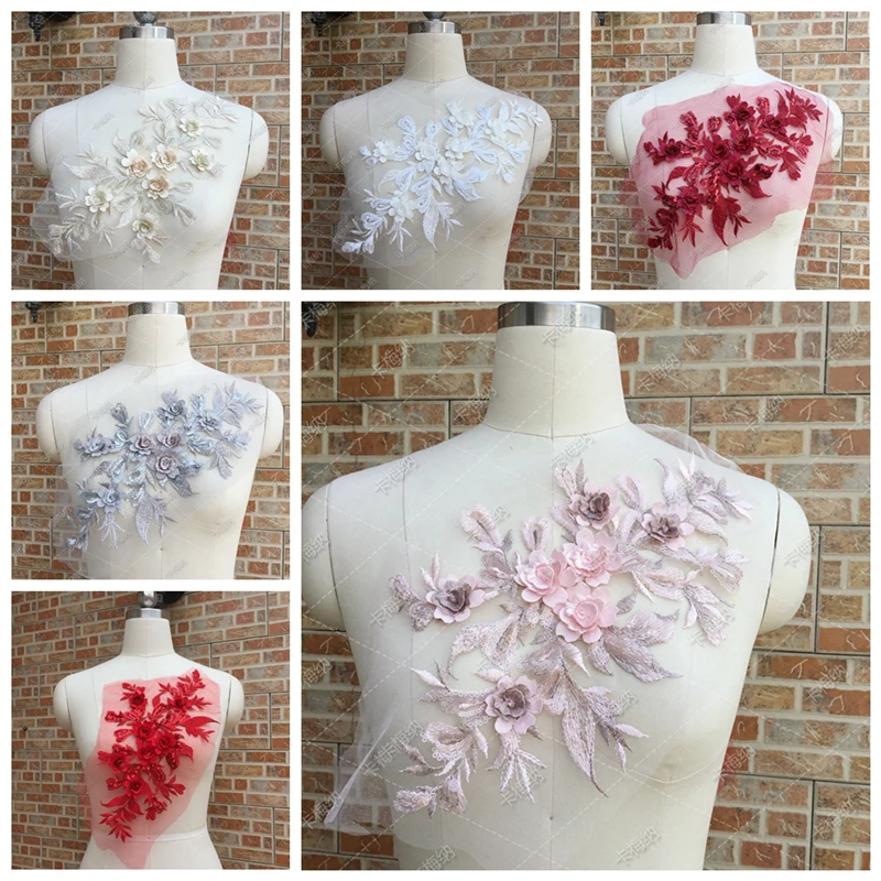 1pc 3D Flower Embroidery Patches Lace Bridal Applique Beaded Pearl Tulle DIY Apparel Sewing For Wedding Dress