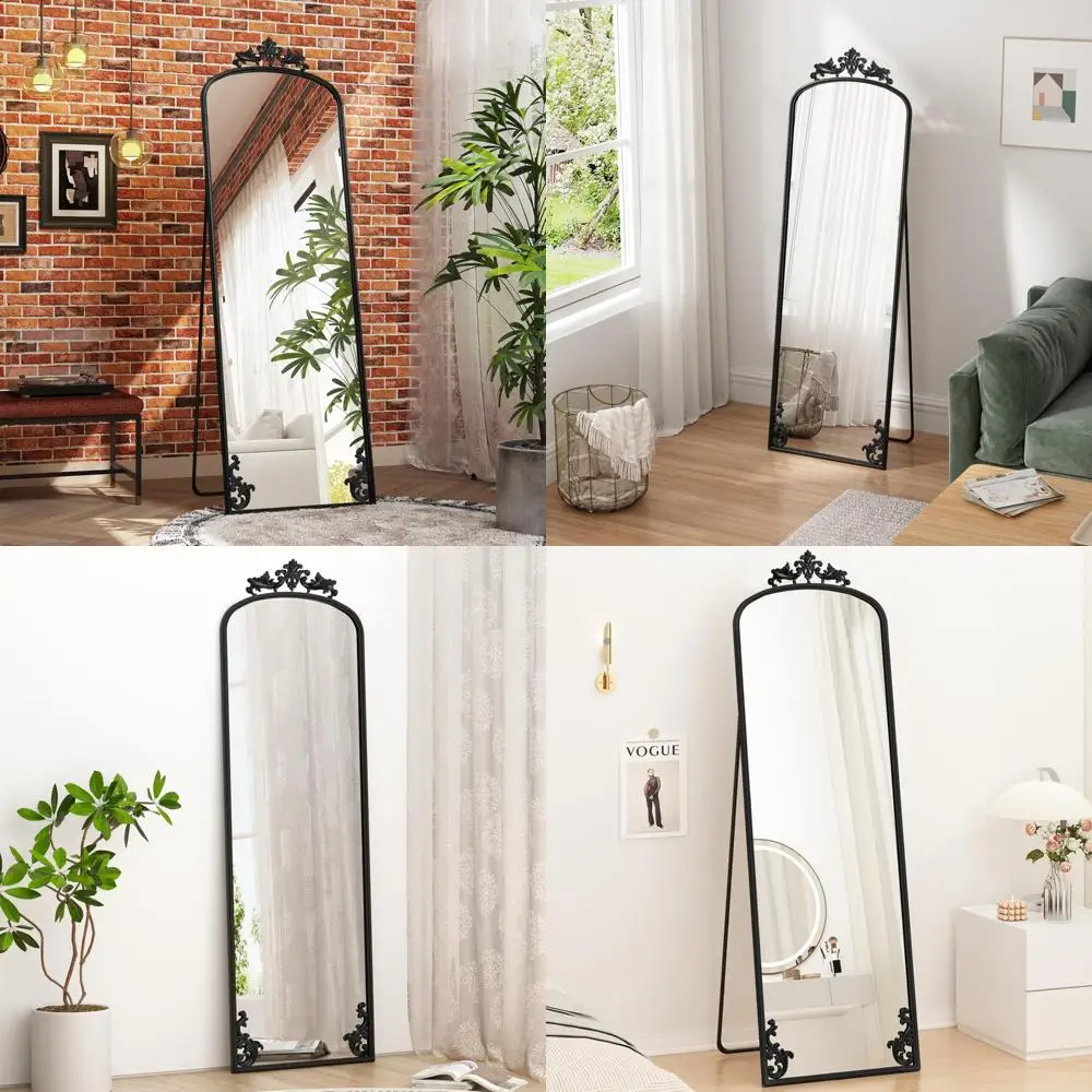 กระจกเงาเต็มตัวทรงโค้งตั้งพื้น, ขนาด 65 x 21 นิ้ว กรอบโลหะแกะสลักสีดำ, กระจกตกแต่งผนังสำหรับดูภาพเต็มตัว