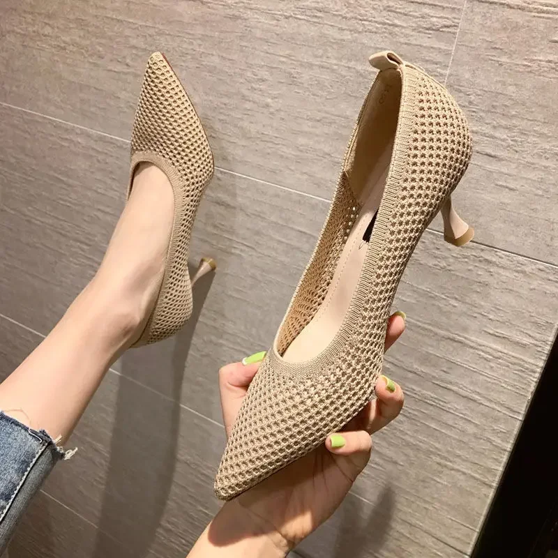 Damskie czółenka letnie wygodne trójkątne buty na obcasie na szpilkach seksowne pojedyncze buty siatka tkana oddychające buty damskie