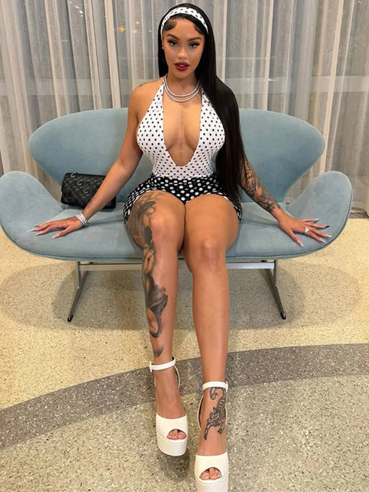 غريب سنور الرسن عارية الذراعين Playsuit امرأة منقطة طباعة المرقعة نحيل 2026 الصيف الاتجاه الشارع مثير نحيل تمتد السروال القصير #1