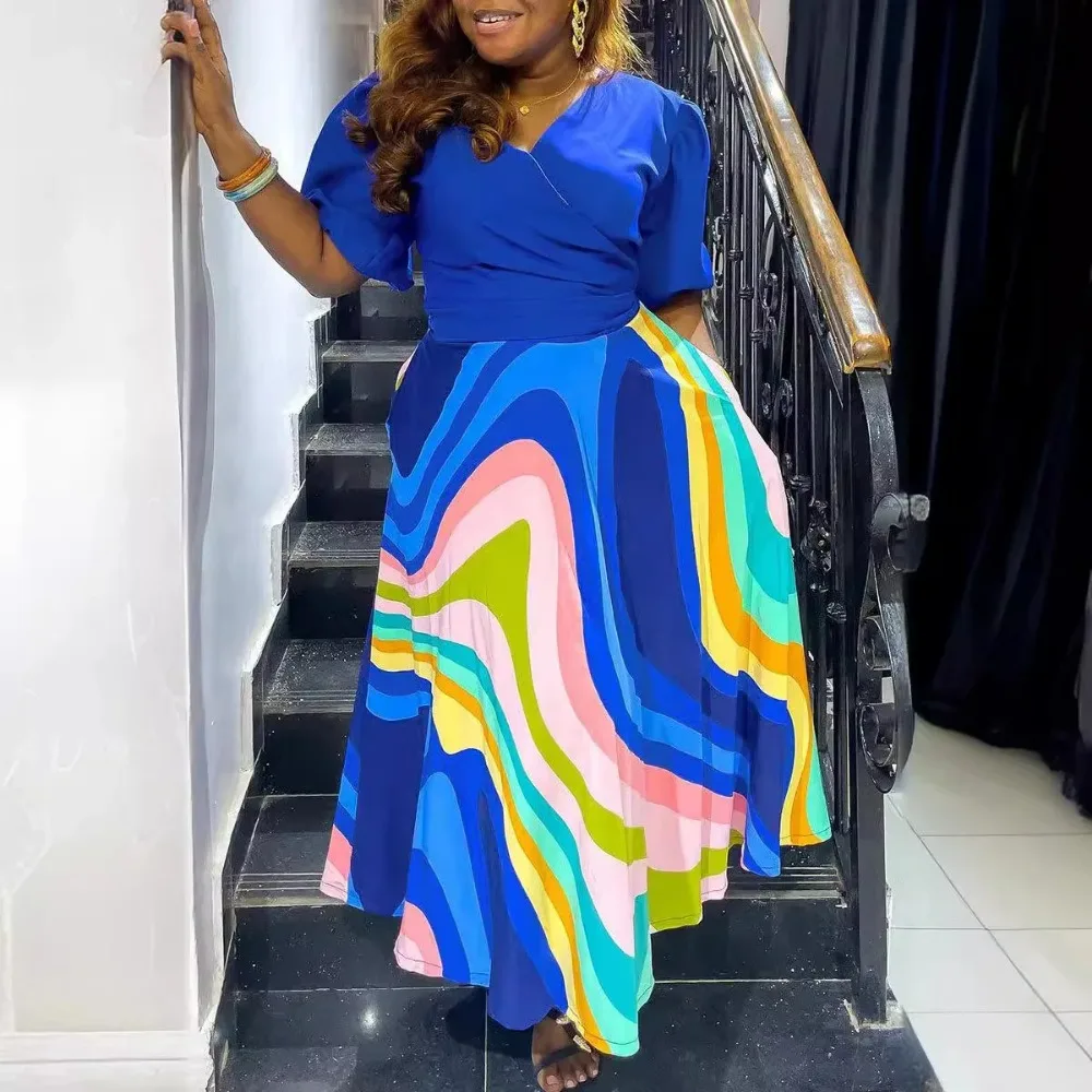Printed Two-Piece Set for African Women, Casual Bubble Sleeve Top, Printed A-line Skirt, Summer Fashion, 2024
