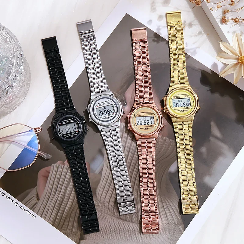F91W Non-Waterproof Steel Band Watch for Women Men Business Multi-Functional LED Digital Sports Watch Bracelet Electronic Clock