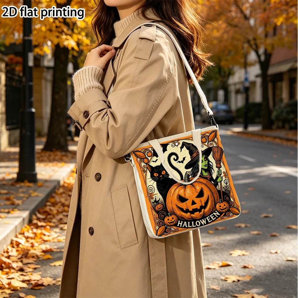 Witch and cat pumpkins Double-Sided Printed Canvas Tote Purse Removable Crossbody Strap Women Handbag for Outdoor Trips