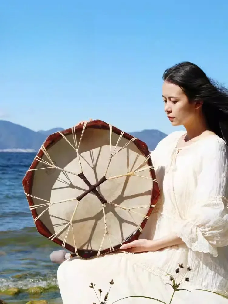 Goatskin Therapy Sound Drum Indonesian Healing Tambourine Frame Drum Octagon Special for Sound Therapists