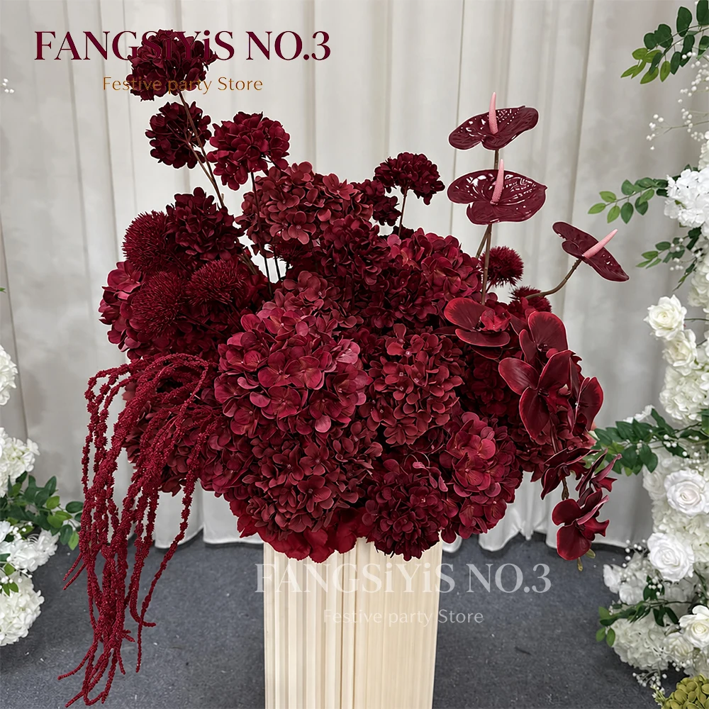 30/40/50cm Burgundy Artificial Flower Arrangement Silk Hydrangea Anthurium Wedding Table Centerpiece for Party Event Home Decor