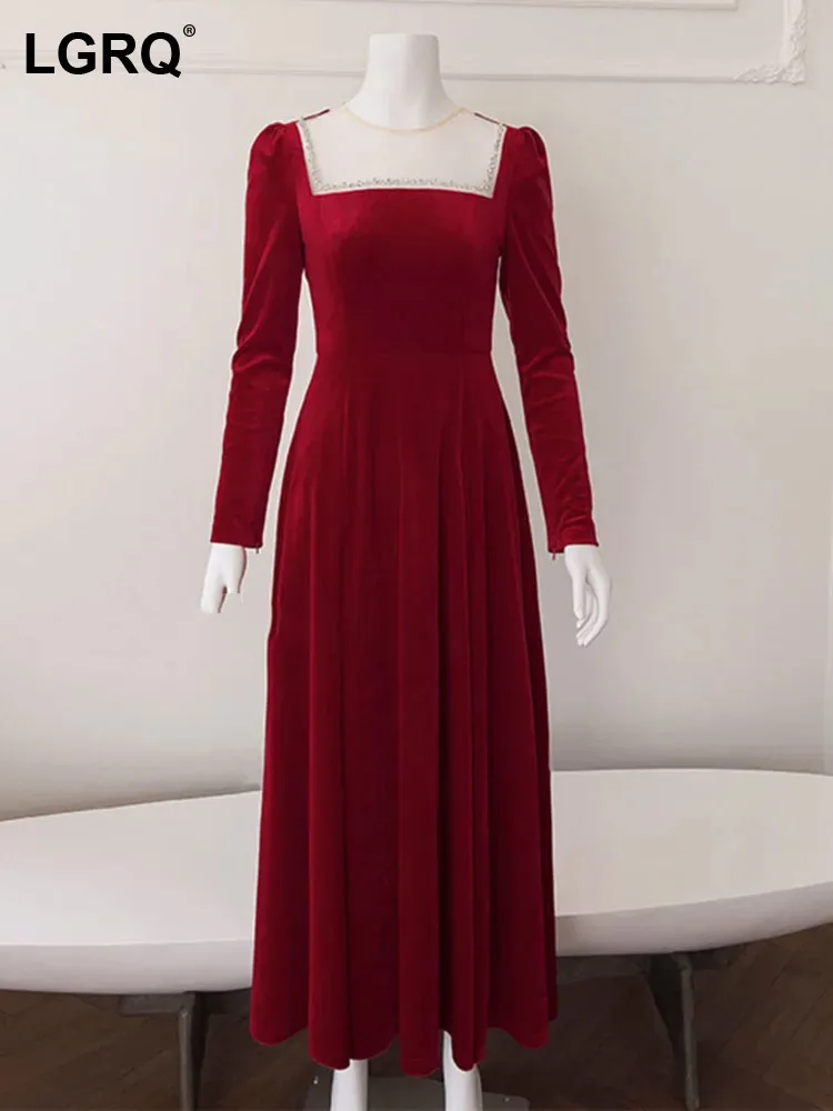 

LGRQ Women's Evening Party Dress Solid Velevt MinimalistSquare Collar High Waist Causal Thin Dresses Female 2024 New 3WQ9593