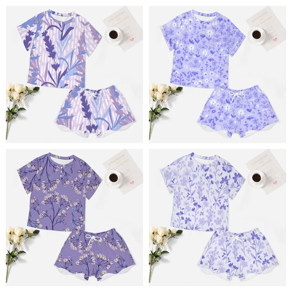 Lavender Floral Pattern Women's 2-Piece Button Down Short Sleeve Button Front Sleepwear Loungewear PJ Set Summer Home Suit