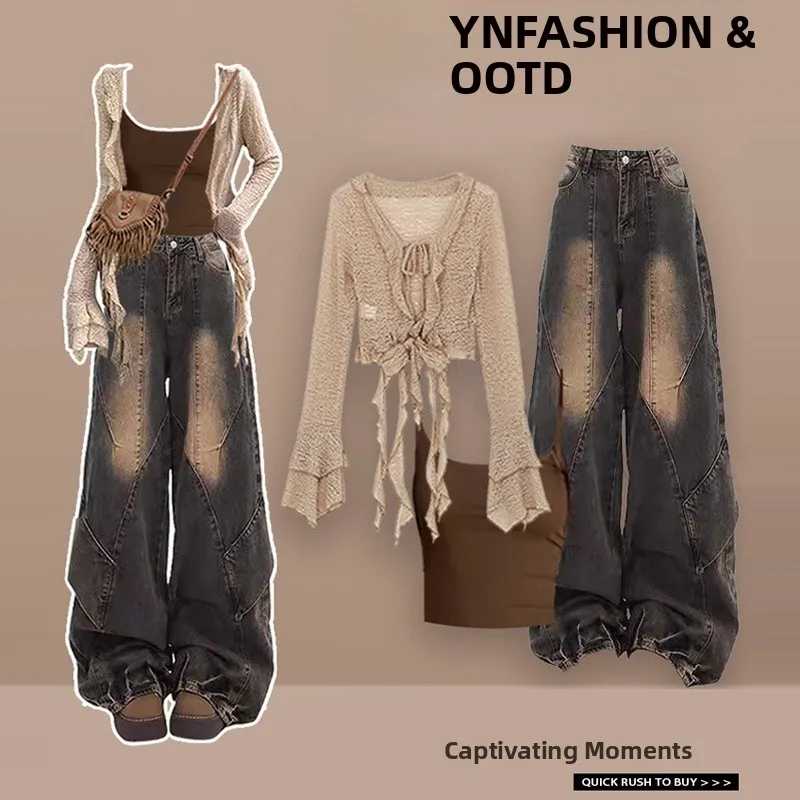 Damski jesienny zestaw: kardigan dżinsowy w stylu western, długi sweter z dekoltem w serek, komplet z krótkim topem, płaszcz w stylu pustynnym i crop top.