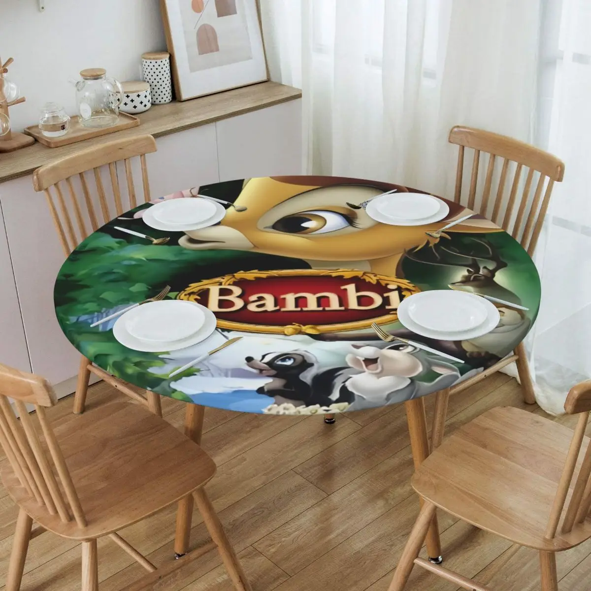 

Custom Disney Bambi Animated Movies Tablecloth Round Fitted Oilproof Table Cover Cloth for Banquet