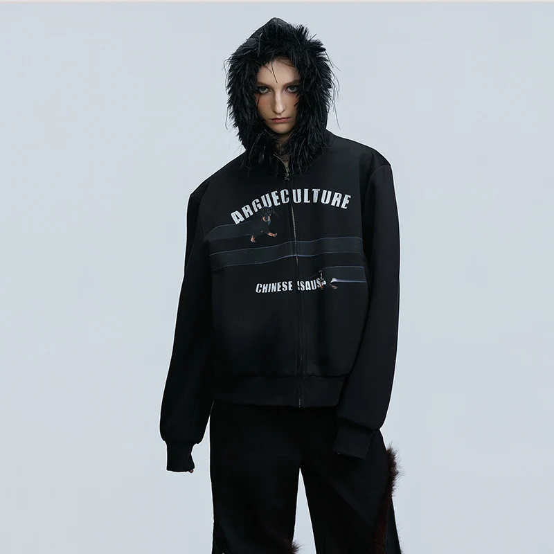 LUZHEN شتاء جديد الفراء مقنعين رسالة سحاب مطبوع البلوز الرجال النساء 2025 موضة وسيم فضفاض ملابس كاجوال JY4787