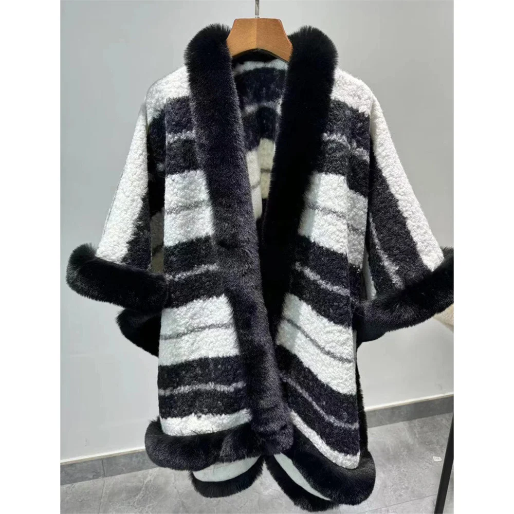 

2024 Women Faux Fur Collar Cape Poncho Winter Loose Out Street Wear Knitted Printed Sweater Striped Rabbit Velvet Cloak Overcoat