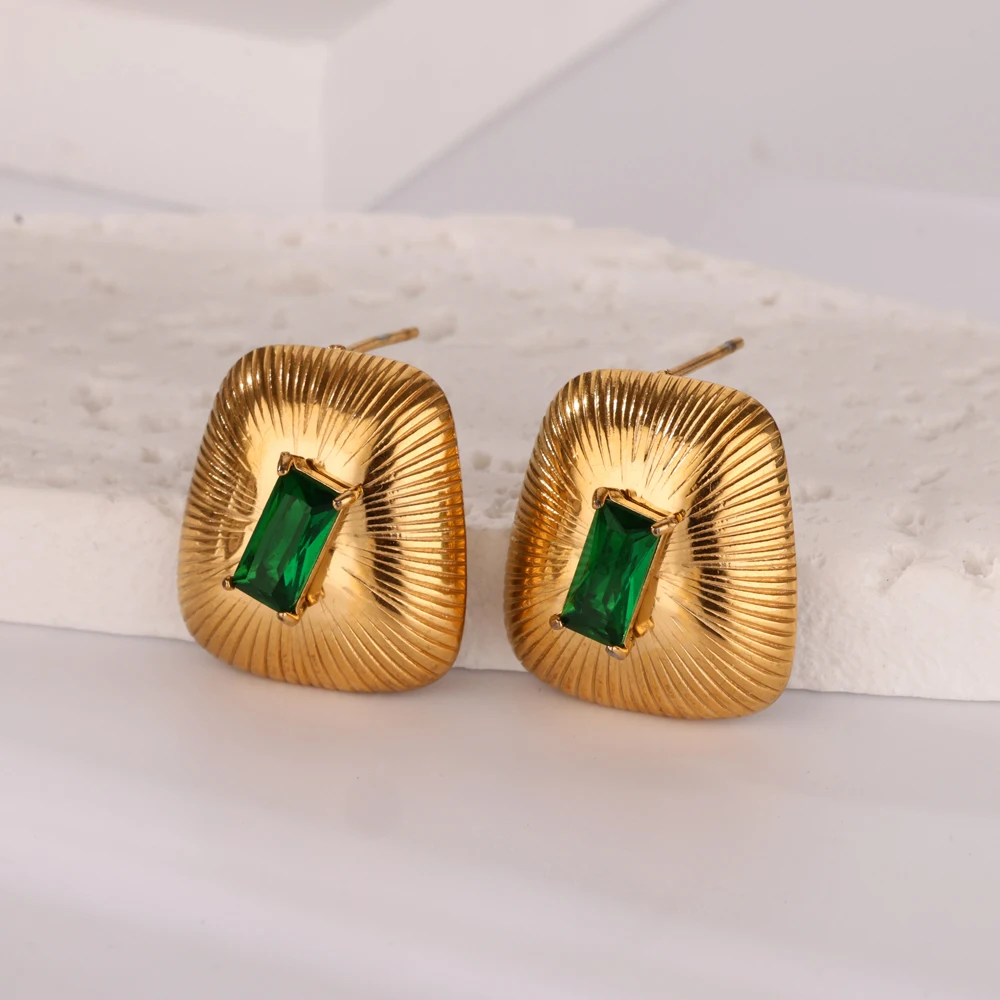 Vintage Emerald Zircon Stainless Steel Earrings for Women Gold Color Charm Earring Wedding Party Jewelry Prom Accessories Gifts