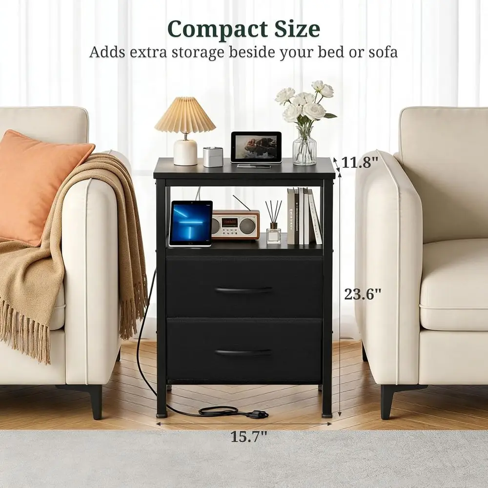 Contemporary Nightstand with Built-in Charging Station, USB Ports, Fabric Drawers, and Open Storage Shelf for Bedroom in Black