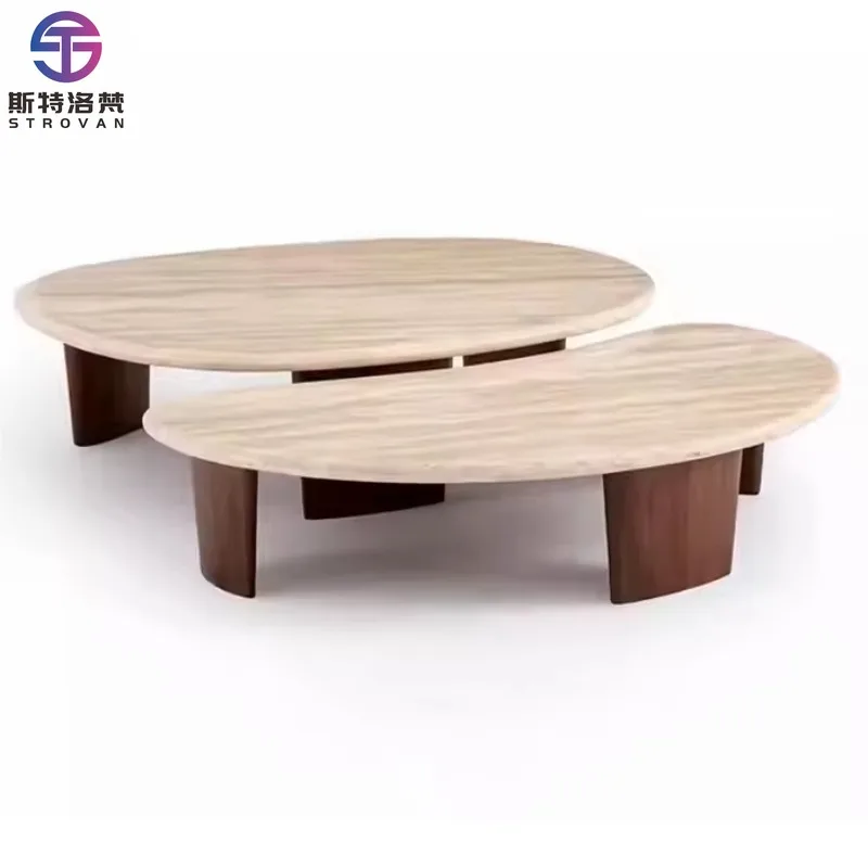 

Solid Wood Legs Center Table Modern Irregular Travertine Top Coffee Table for Living Room Luxury