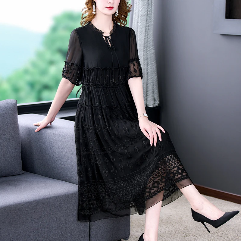 Summer Black Natural Silk Ruffled Collar Midi Dress Women Embroidery Hollow Out Sexy Dress 2024 Korean Vintage Hepburn Vestidos