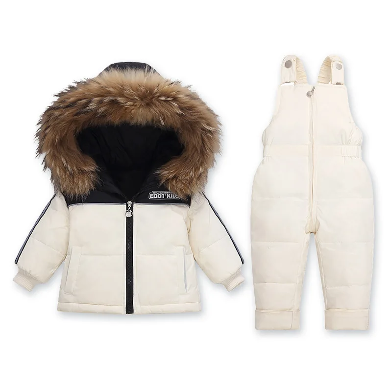 

Children's Down Jacket Fur Collar Hooded Set Girls Down 2 Piece Set Boys' Winter Solid Warm White Duck Down Filling Clothes Set