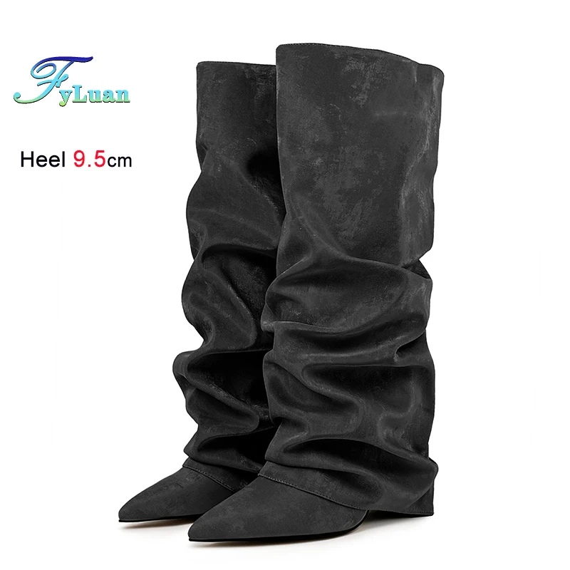 

9.5CM Thick Heel Western style Silk Turned-Over Edge Boots Europe and America Fashion Show Shoes Women Pointy Knee-high Boots