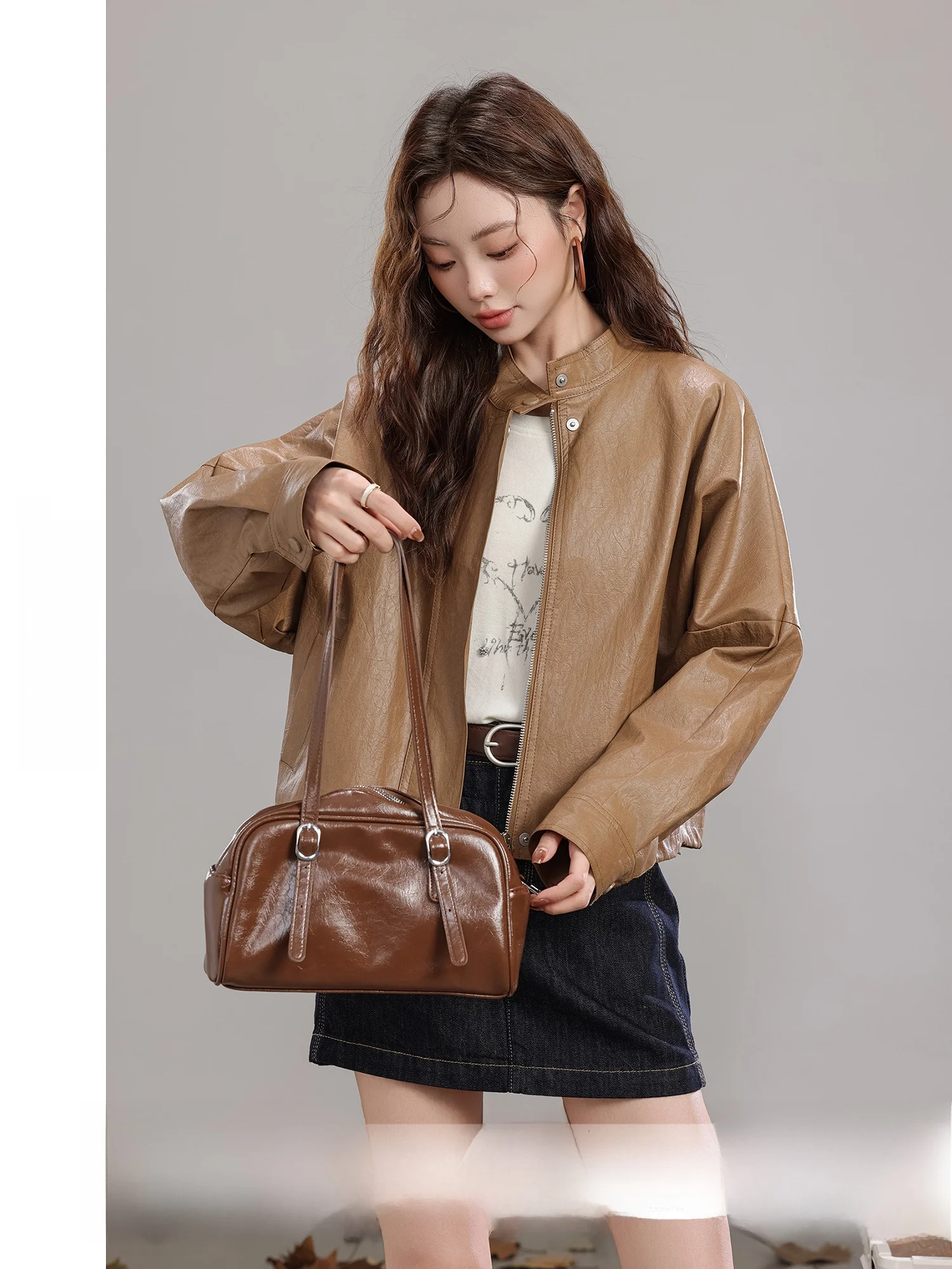 

Berlin Autumn ort Leather Jaet Women's Loose Fit Retro Sle Slimming Coat PU Leather Long Sve Zipper Closure Casual