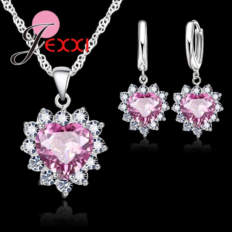Lady Sparkling Romantic 925 Sterling Silver Fashion Jewelry Set Woman Love Heart  Necklace Earrings Sets Best Birthday Gift