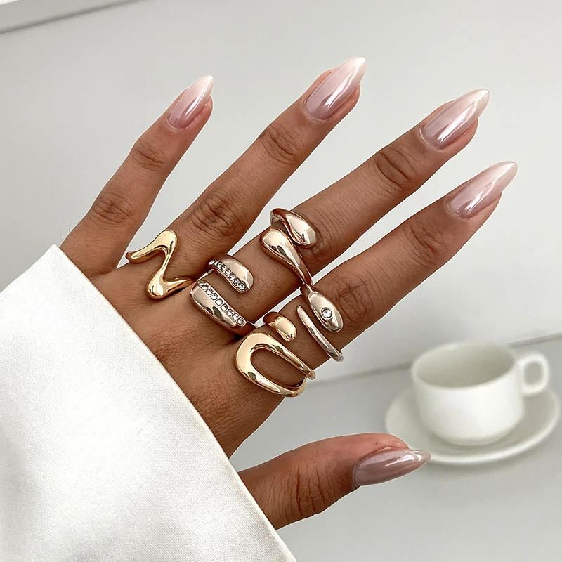 

5Pcs Shiny Rhinestone Water Drop Opened Rings for Women Fashion Unique Texture Geometric Finger Ring Female Party Daily Jewelry
