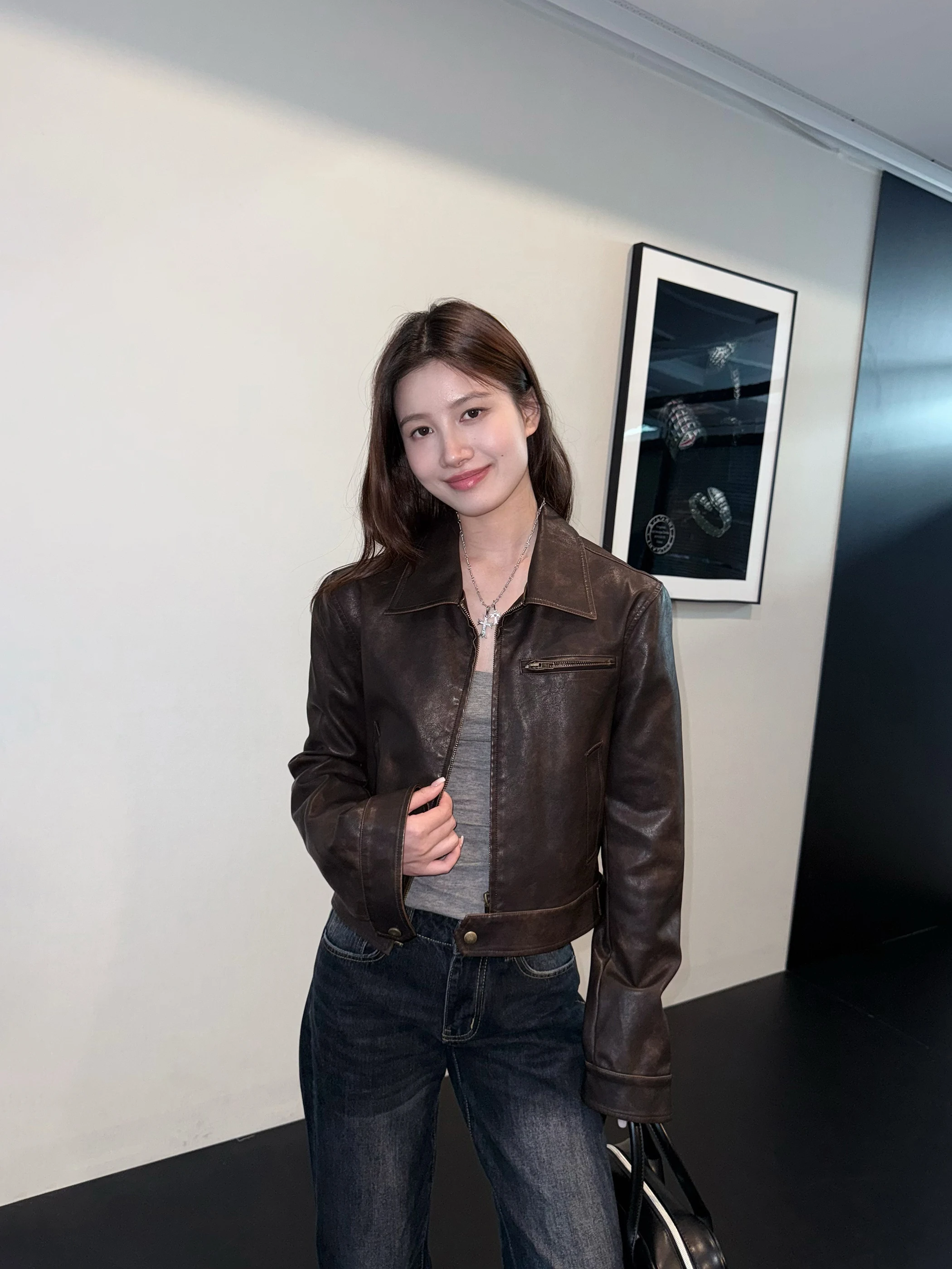 بارد الأمريكية الرجعية ort الجلود Jaet المرأة دراجة نارية الملابس بو معطف جلد أعلى سستة سليم صالح المياه Waed الجلود