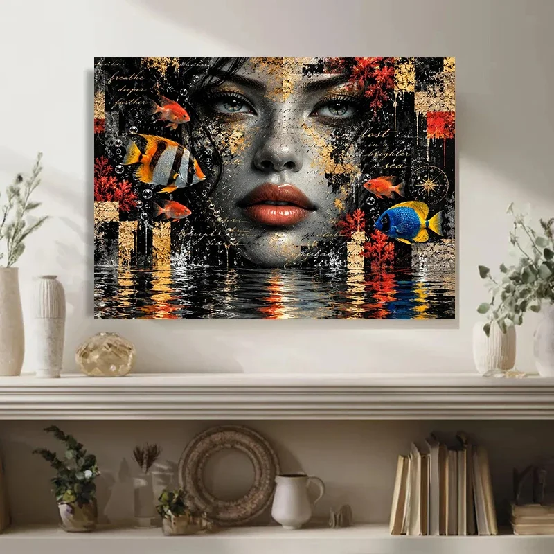 Tropical Fish and Water Ripples Colorful Abstract Woman Poster and Prints Canvas Painting Wall Art Pictures Home Decor Cuadros