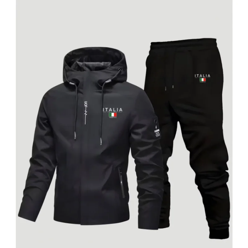Completo sportivo casual da uomo per l'outdoor: giacca e pantaloni con cappuccio stampati, vestibilità regolare, adatto per l'autunno e l'inverno