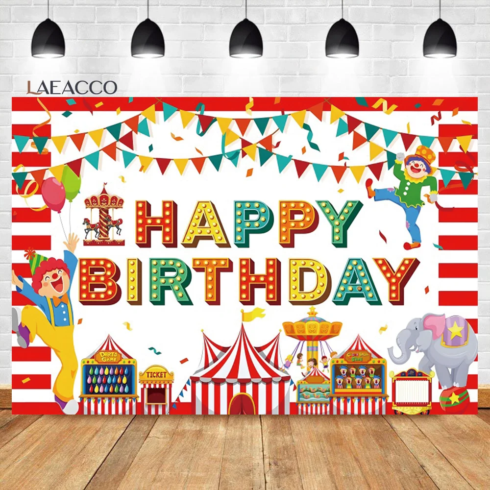 

Laeacco Circus Carnival Backdrop Amusement Park Funny Animal Carousel Tent Stratus Kids Birthday Portrait Photography Background