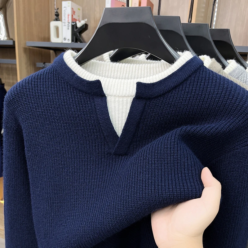 Fashion knitted fake two piece men's sweater high quality new thicken warm autumn winter soft comfort round neck luxury pullover