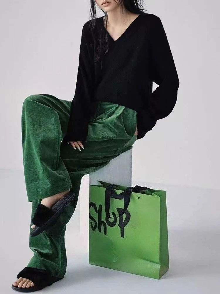 المرأة عادية سروال قصير أخضر بلون خمر Sweatpants الإناث عالية الخصر الخريف فضفاض واسعة الساق بنطلون