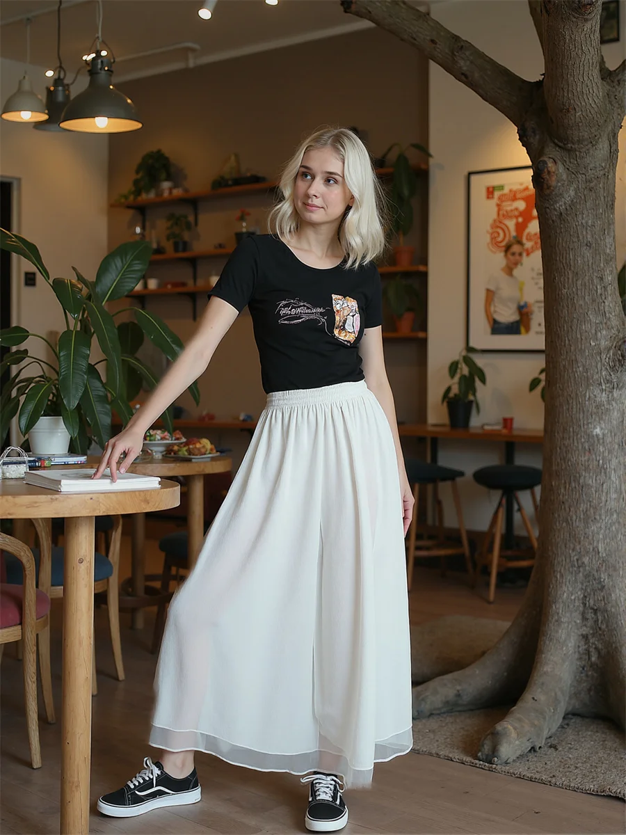 

Широкие шифоновые брюки с эластичным поясом для женщин, лето 2025, весна, для походов, с заниженной талией, для скейтбординга, городские, молодежные, свободные, струящиеся, в стиле Ins