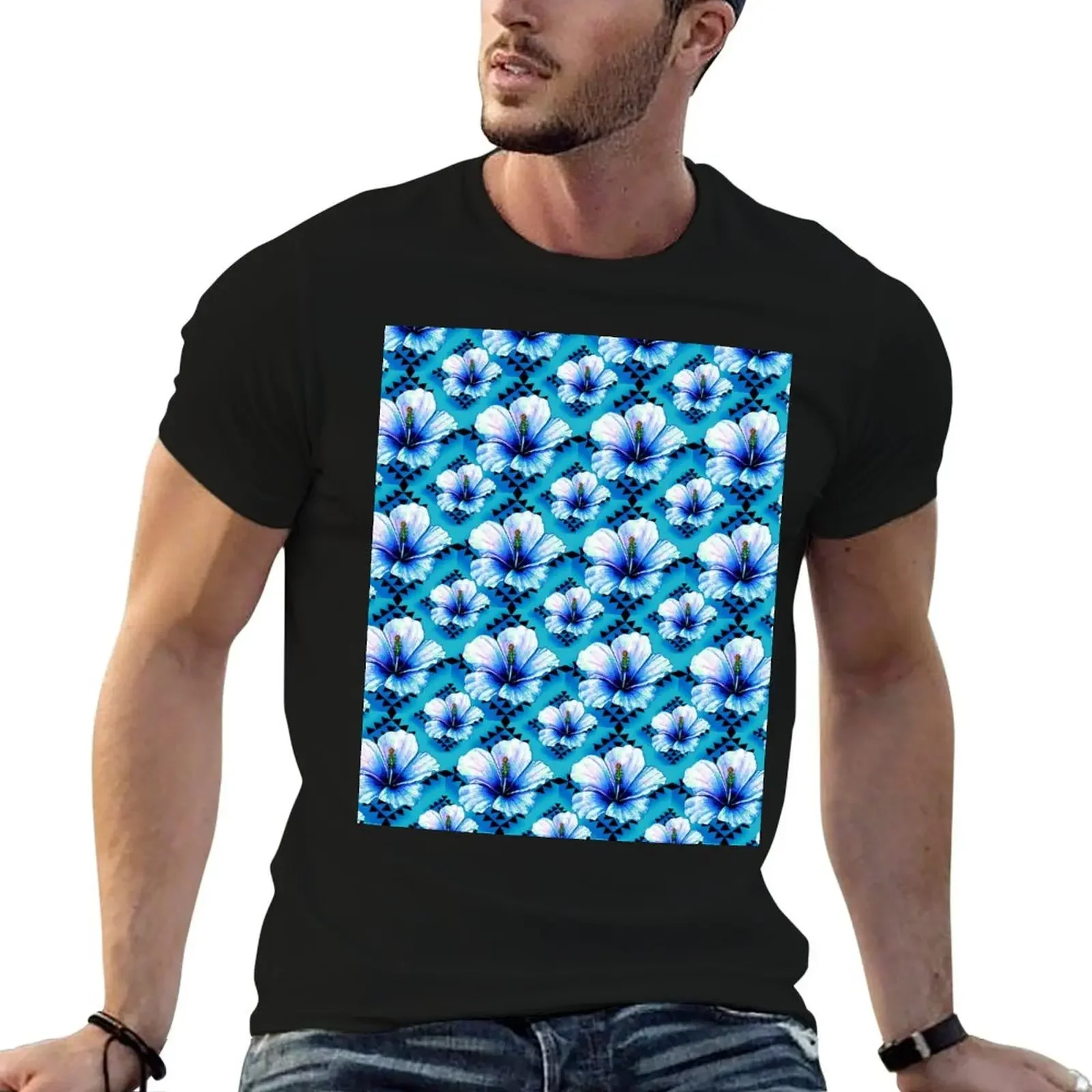 Turquoise / Blue Hibiscus Native Floral Print T-Shirt for a boy aesthetic clothes sweat mens shirts graphic tee