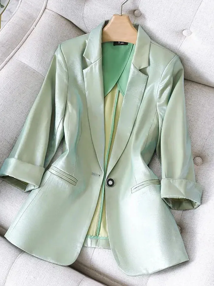 High Quality Satin Office Lady Loose Blazer Jacket Women 2022 Autumn Three Quarter Sleeves Solid Casual Blazers Female Suit Coat