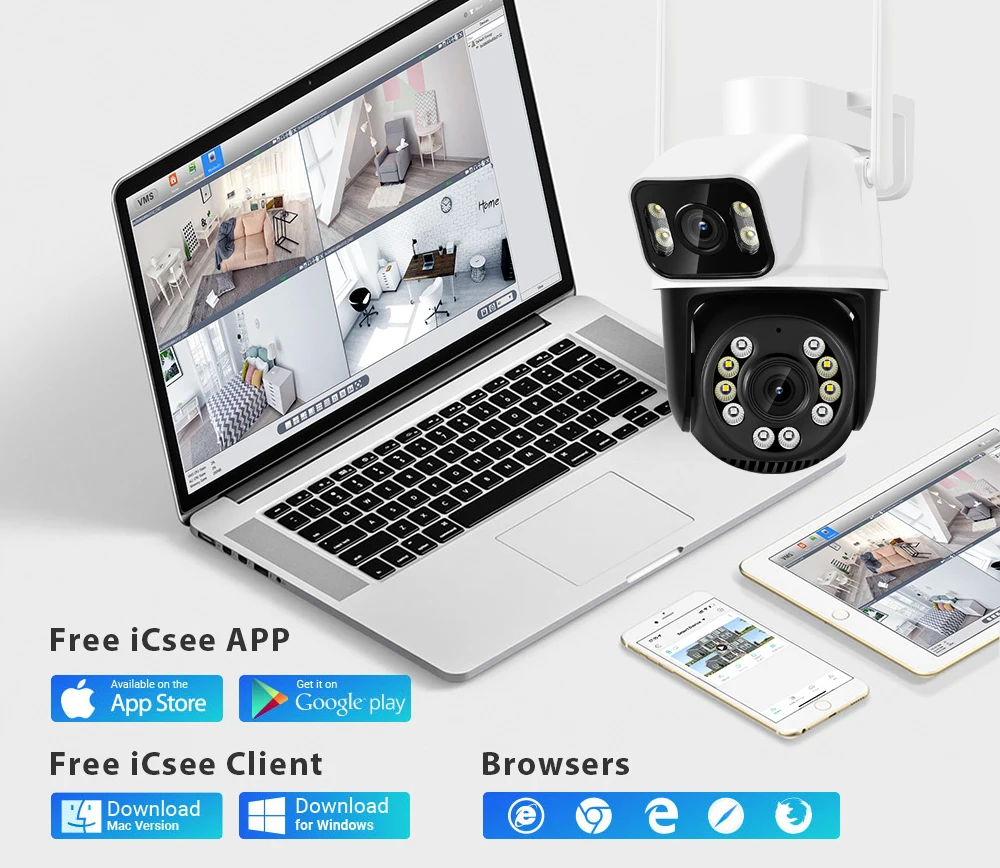8MP 4K Wifi Camera PTZ Dual Screen AI Human Detection Auto Tracking Outdoor ONVIF CCTV Security Surveillance Camera ICSee