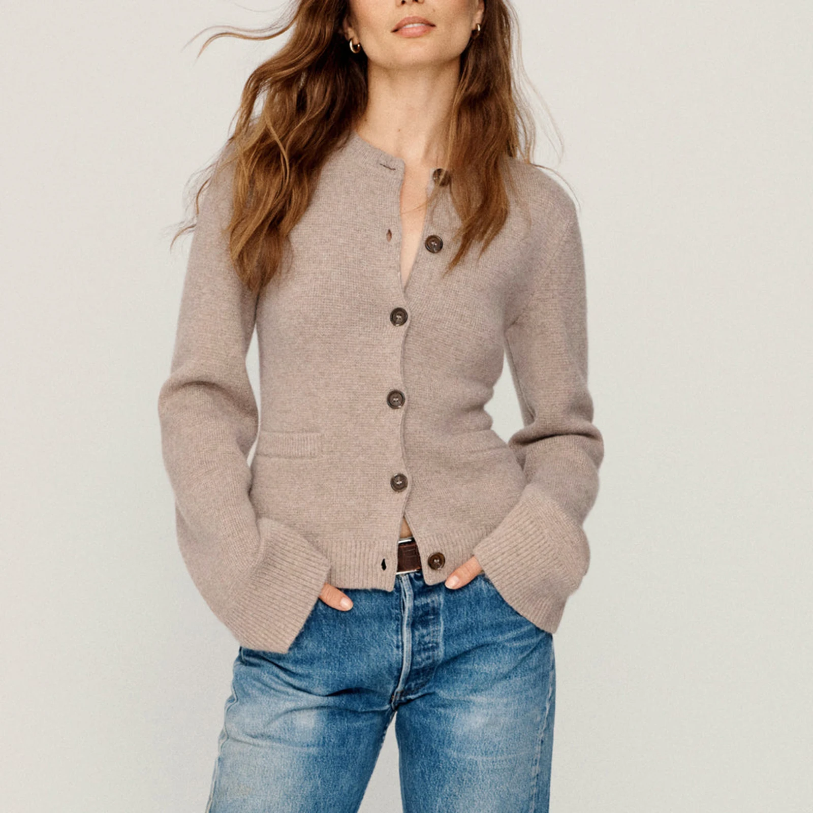 

New Womens Solid Color Cardigan Long Sleeve Crew Neck Button Down Sweater Knit Tops With Pockets Club Street Style Hot Sale