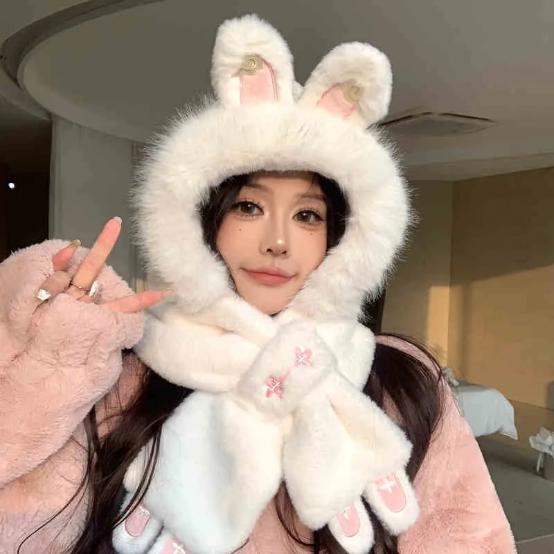 Ladies' Comfortable Rabbit Ear Velvet Hat and Scarf Set - Thick and Warm Winter Ear Protection Hat with Ear Protection Device