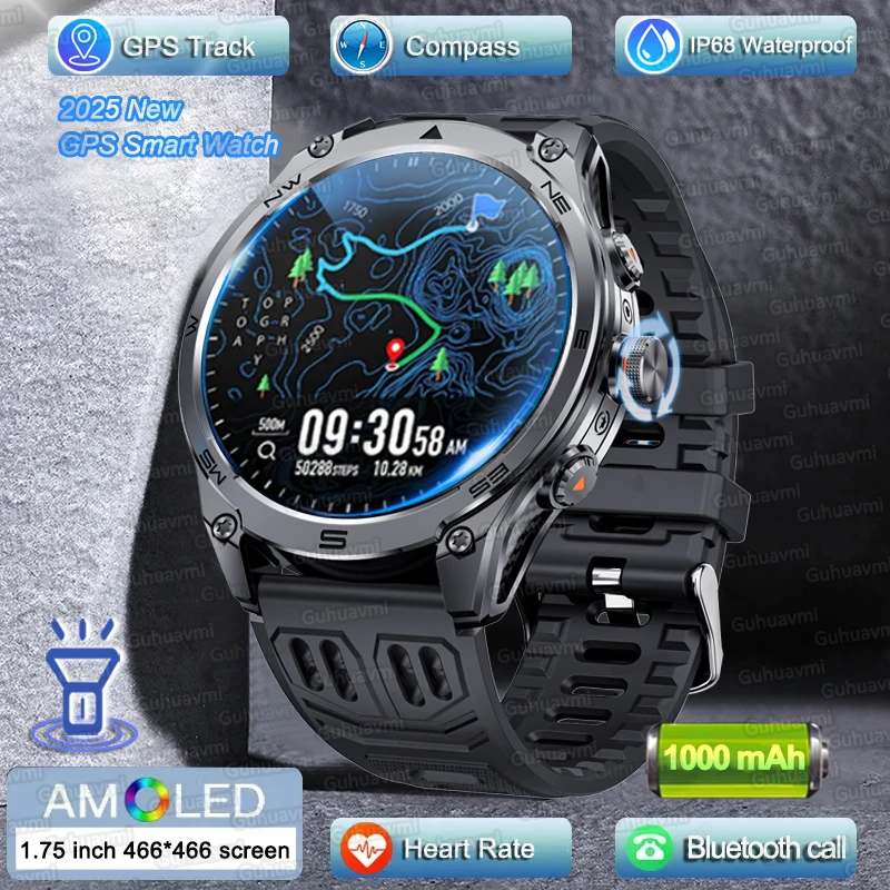 

2025 New Military Smart Watch 466*466 HD AMOLED GPS Compass 1000Mah IP69K Waterproof Flashlight Heart Rate BT Call SmartWatches
